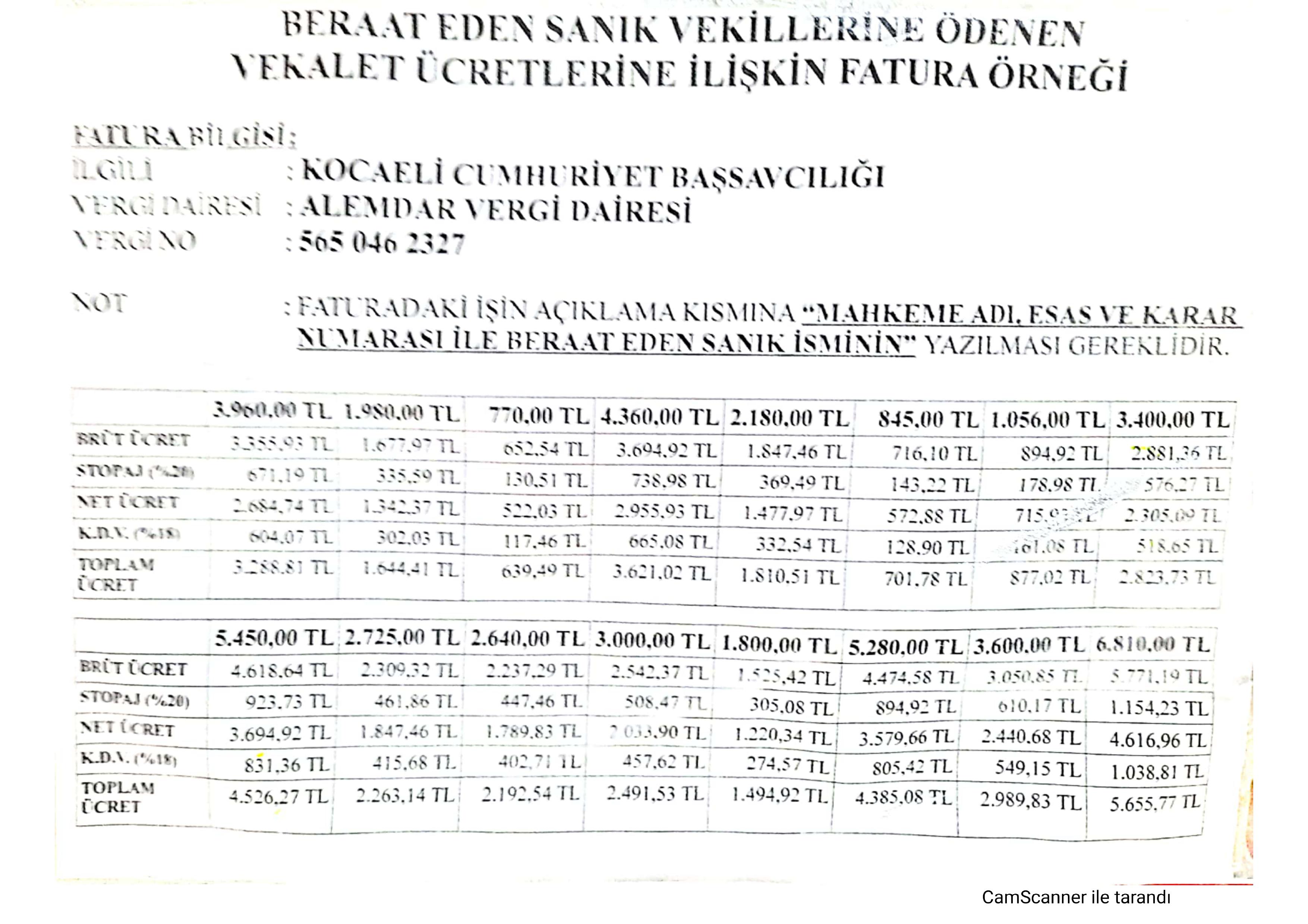 Kocaeli Beraat Eden San�k Lehine Vekalet �creti �stenen Fatura �rne�i