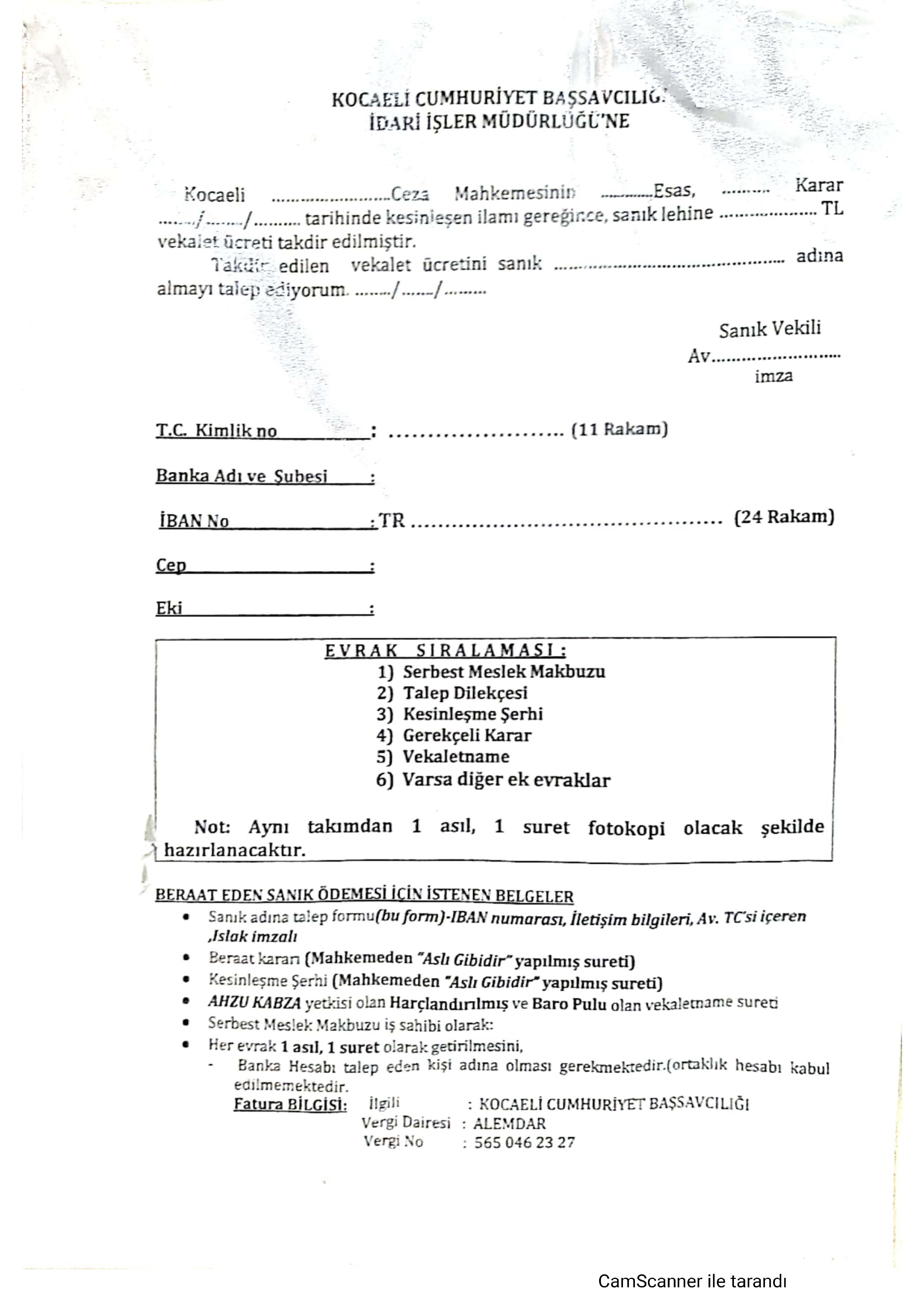 Kocaeli Beraat Eden San�k Lehine Vekalet �creti �stenen Dilek�e �rne�i